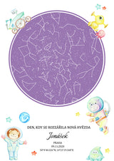 Dětská hvězdná mapa narození - Astronauti fialová