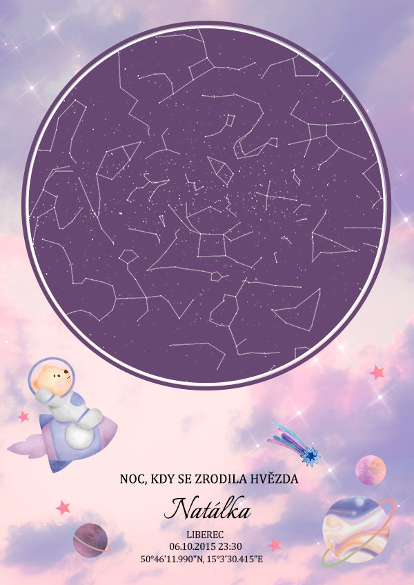 Dětská hvězdná mapa narození - Pastelové nebe