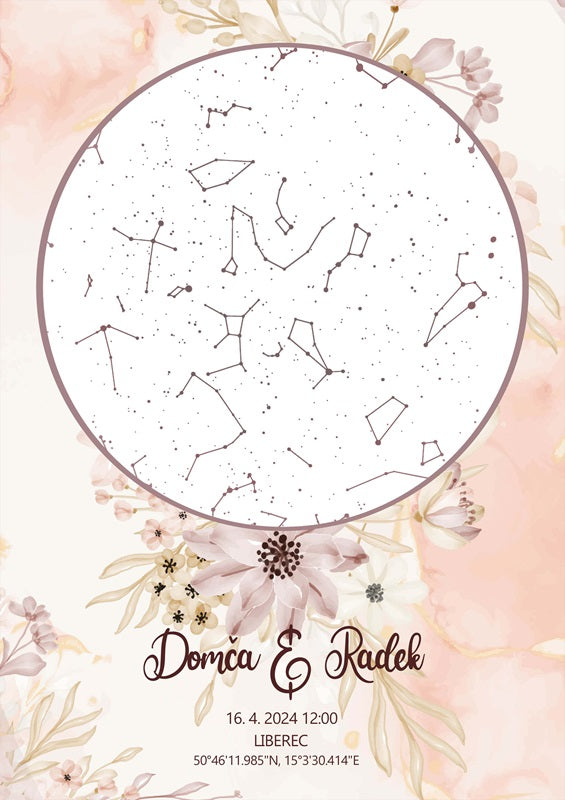 Svatební hvězdná mapa - Sušené květy, nekrásnější svatební dárek