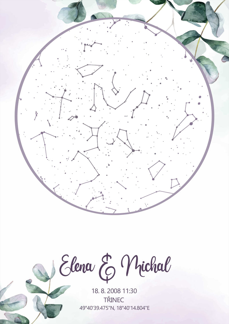 Svatební hvězdná mapa Eukalypt - nekrásnější svatební dárek