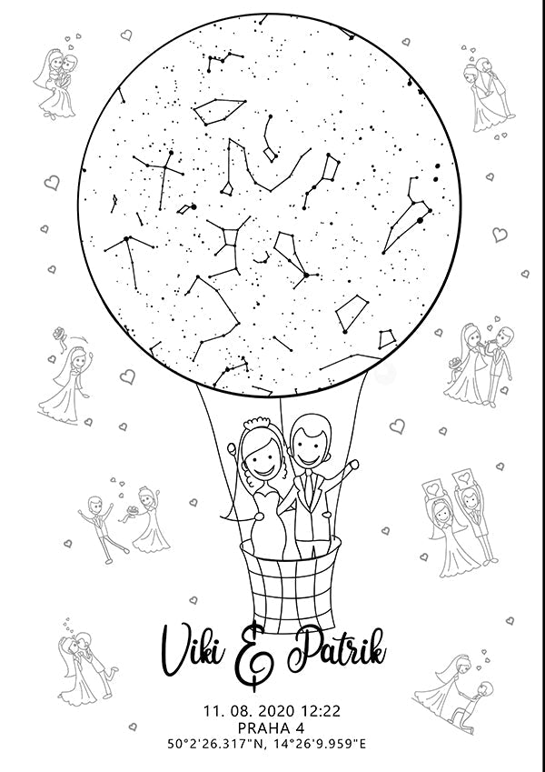 Svatební hvězdná mapa V balónu, originální svatební dárek