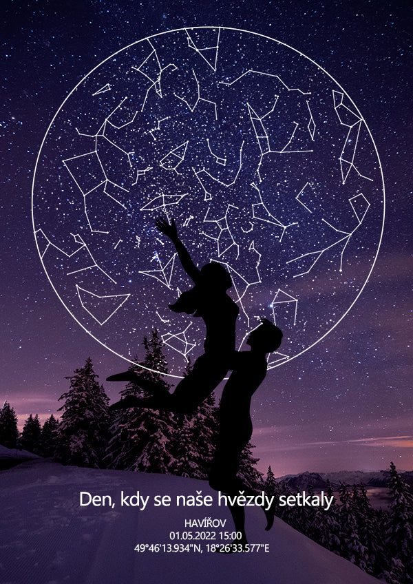 Dokonalý dárek k výročí - Hvězdná mapa okamžiku pro páry, fialová
