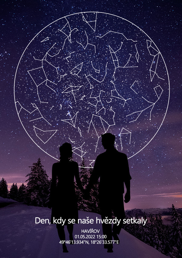 Dokonalý dárek k výročí - Hvězdná mapa okamžiku pro páry, fialová
