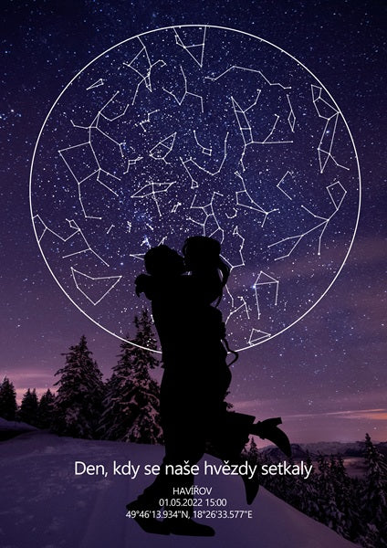 Dokonalý dárek k výročí - Hvězdná mapa okamžiku pro páry, fialová