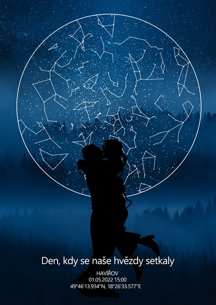 Dokonalý dárek k výročí - Hvězdná mapa okamžiku pro páry, modrá