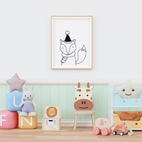 Dětský kontrastní  obrázek černobílá liška do dětského pokoje.
