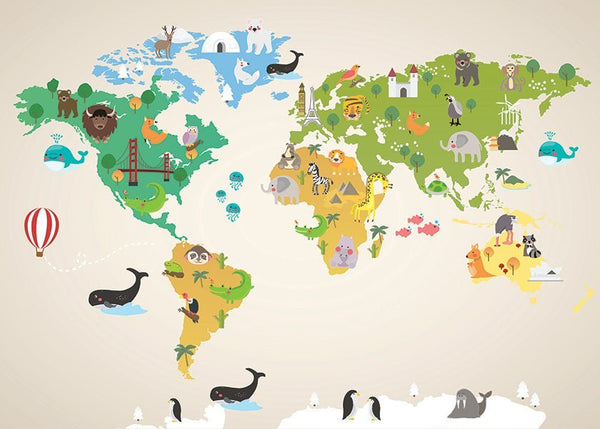 Naučný plakát dětská mapa světa se zvířátky.