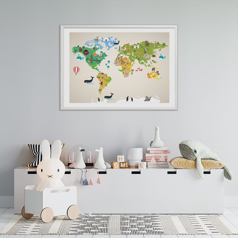 Vzdělávací obraz dětská mapa světa se zvířaty do dětského pokoje.