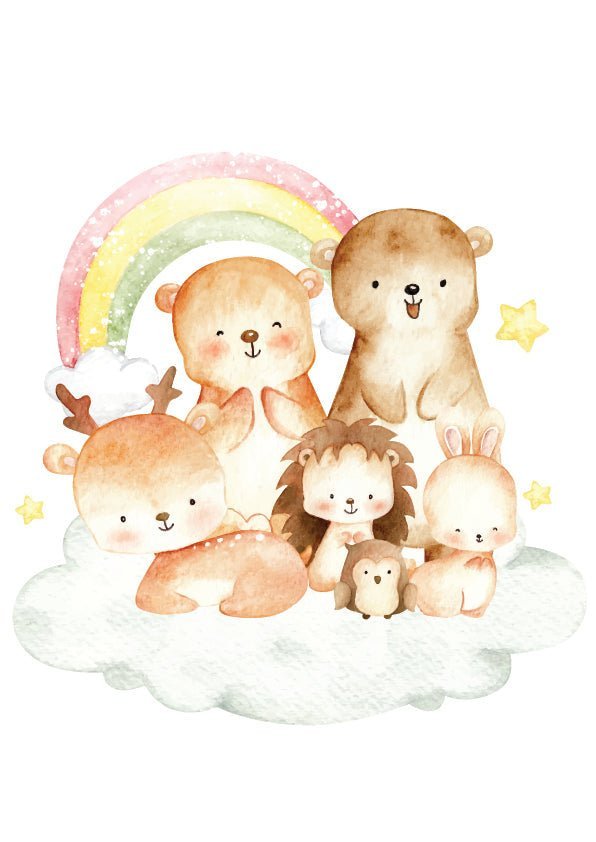 Dětský plakát Duhová zoo s ledními zvířátky na obláčku.