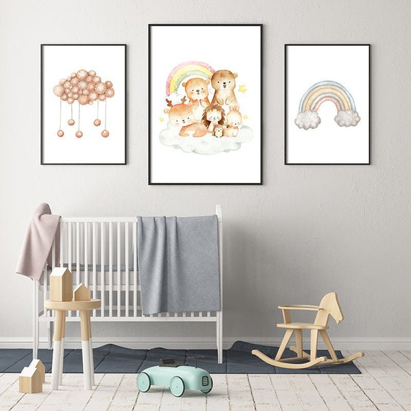 Sestava dětských obrázků se zvířátky a duhou.