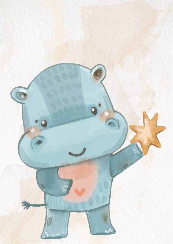 Dětský plakát veselý hrošík s hvězdičkou a srdíčkem na bříšku.