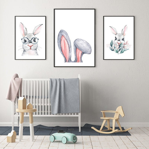 Dětské kreslené plakáty králíci v sestavě.