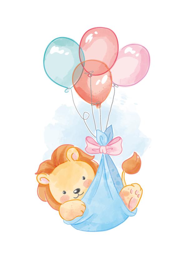Plakát Lvíček v zavinovačce s balónky do dětského pokoje.
