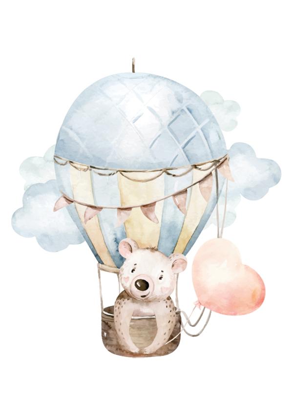 Dětský plakát medvídka v létajícím balónu malovaný akvarelovými barvami.