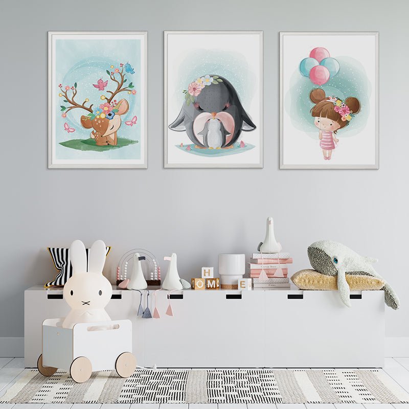 Sestava dětských veselých obrázků do pokoje pro děti.