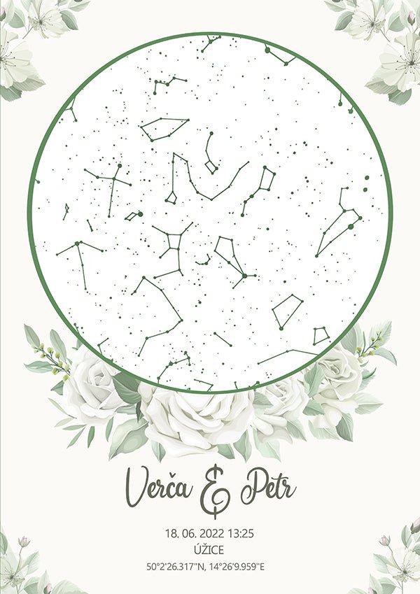 Svatební hvězdná mapa Bílé květy